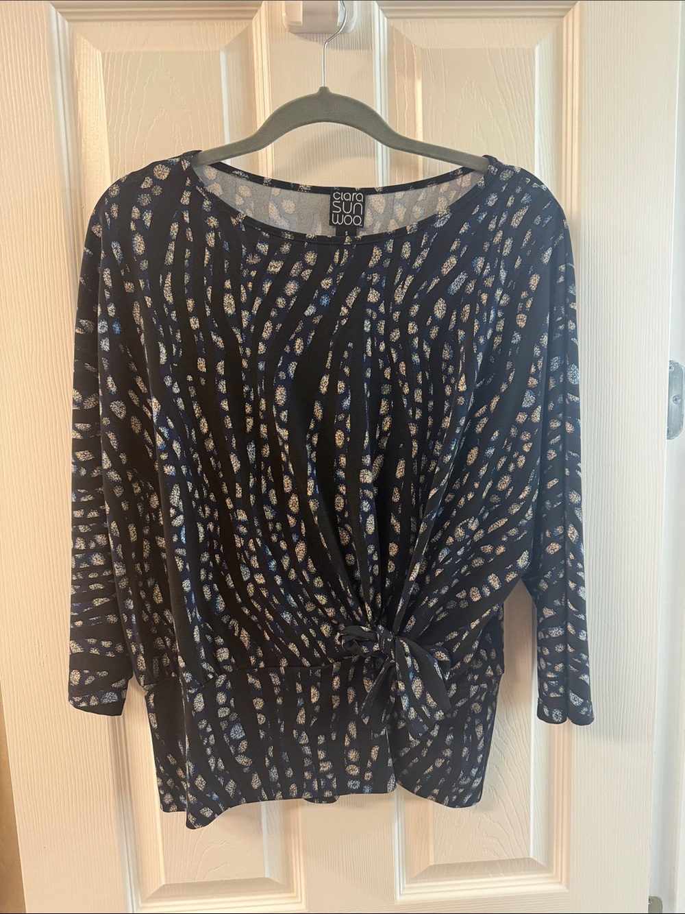 Clara Sun Woo Black Tunic with Blue and Cream Spot Pattern and Front Tie